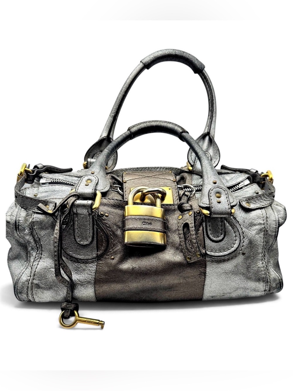 Chloe Paddington Rare Metallic Silver Leather Satchel with Gold hardware